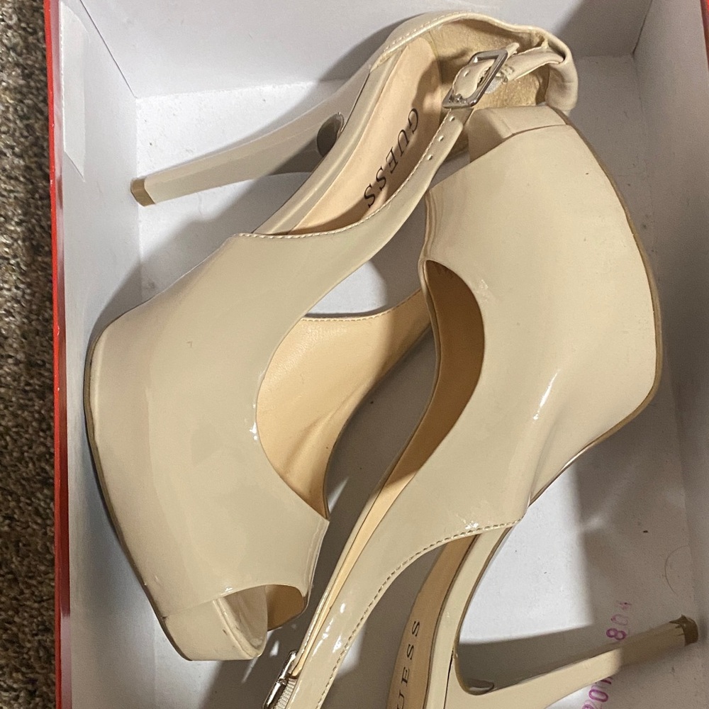 Guess Women's Beige Patent Peep-Toe Heels
